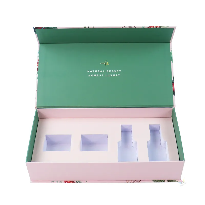 Empty opened floral printed skincare packaging displaying custom 4-slot die-cut white paper insert with separate jar and bottle cavities