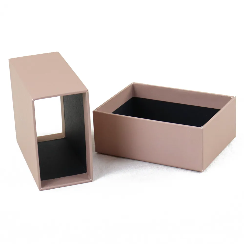 Exploded view two-piece nude matte slide drawer perfume boxes, separate empty sleeve and black paper lined drawer rigid fragrance packaging