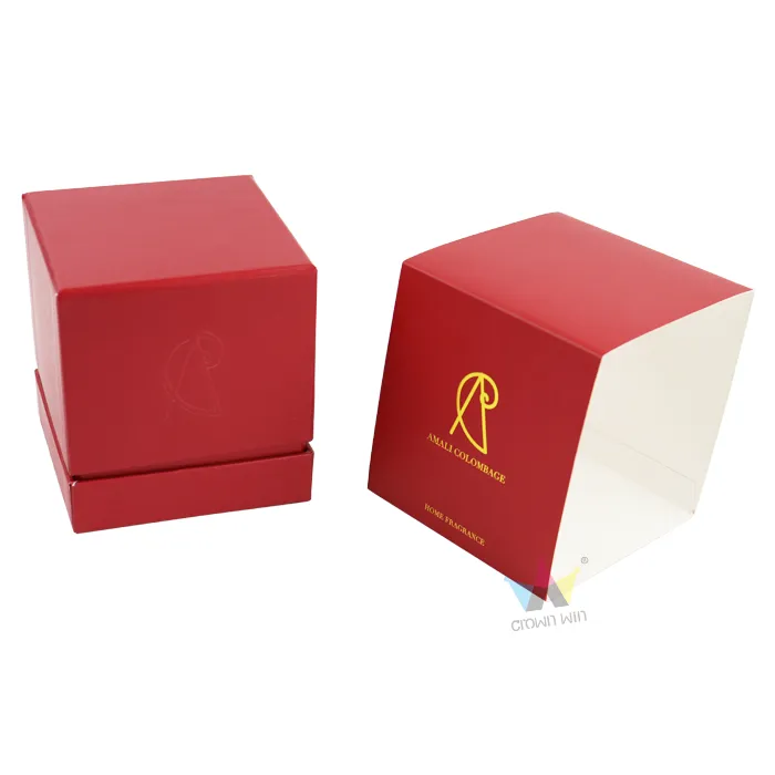 Exploded open view red candle box, blank white inner lining with subtle blind emboss logo on the top lid exterior