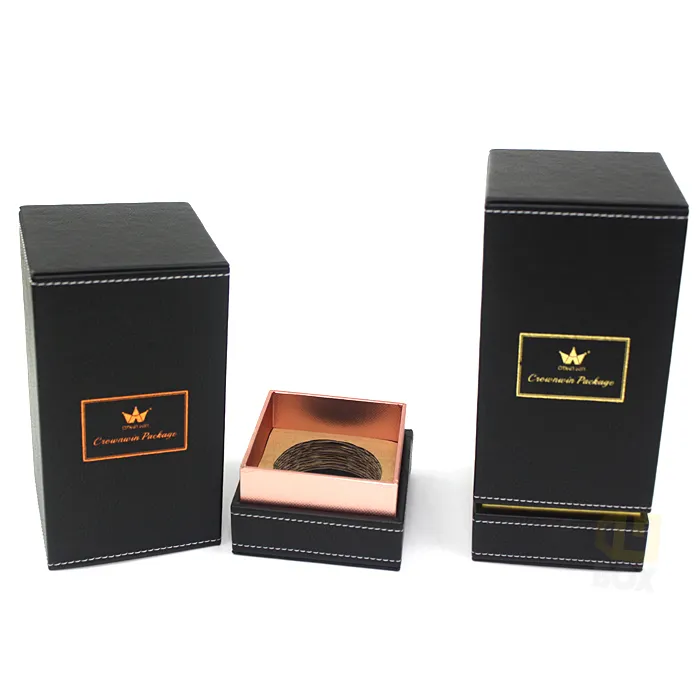 Exploded two-piece tall faux leather candle boxes, separated lid and base with glossy gold metallic inner tray and eco corrugated circular candle insert