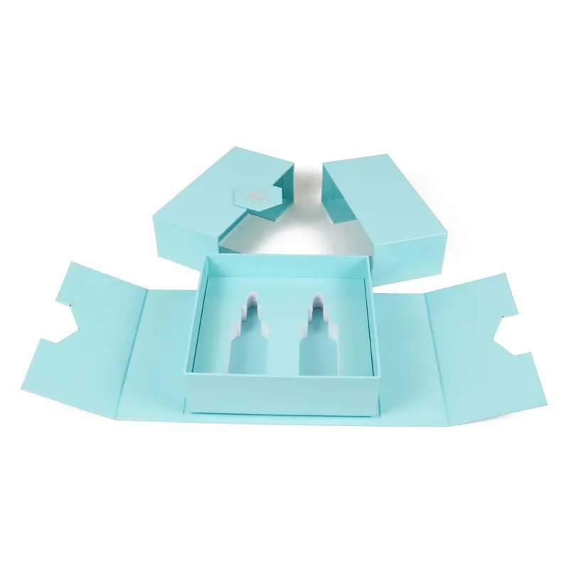 Unassembled flat blank double door box template split apart with separate foam inner tray, lightweight shipping cardboard packaging