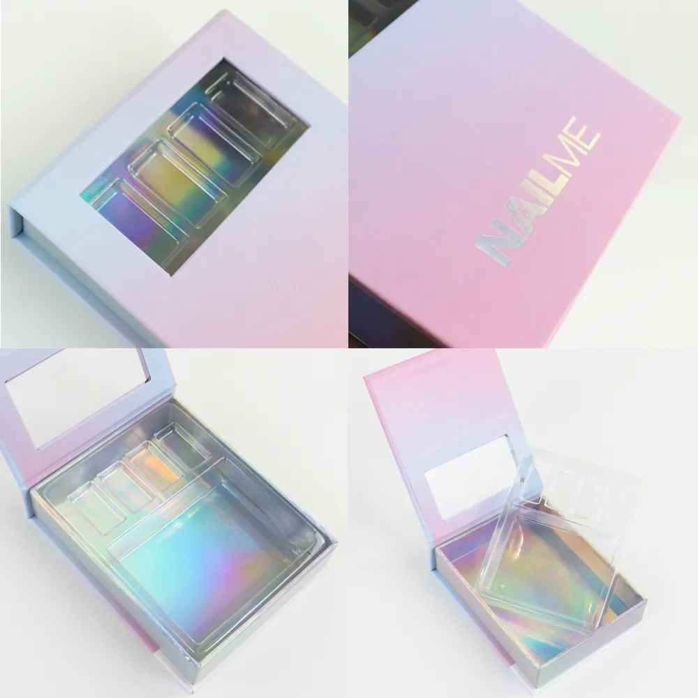 4-grid collage detail shot of gradient window box packaging, showcasing clear window, silver foil branding, holographic tray and inner vanity mirror