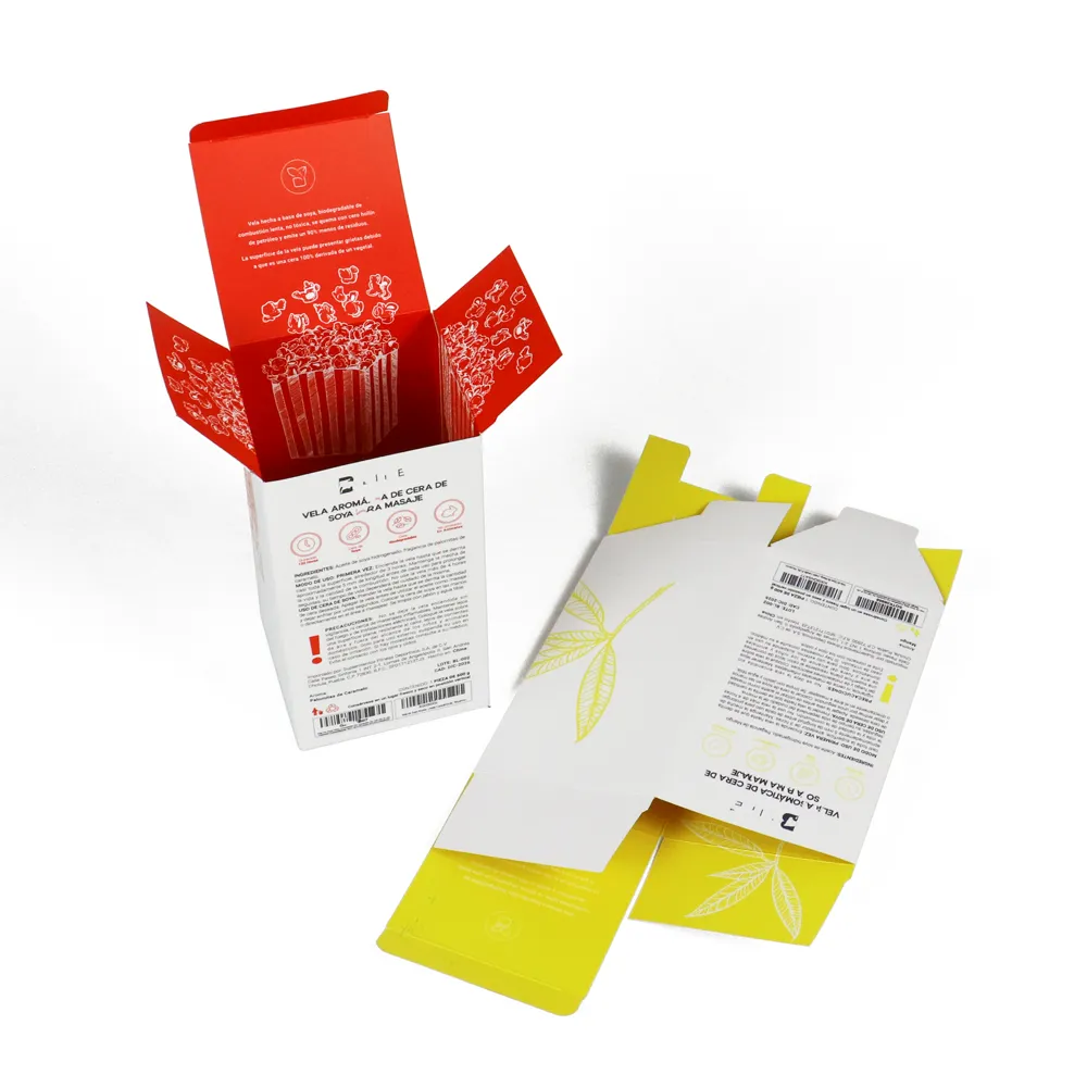 Flat die-cut blank sheets paired with assembled vertical tuck folding cartons with hand-drawn sketch printing