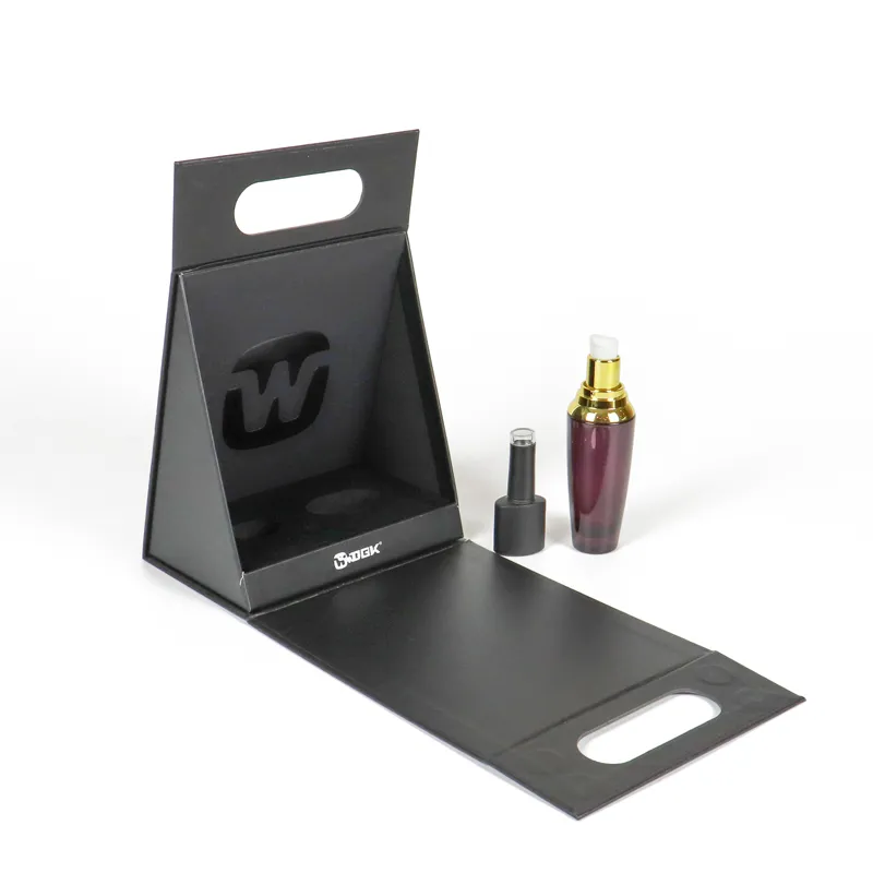 Flat open triangle folding box side shot with embossed W logo die-cut inner panel, collapsible rigid triangle folding box for skincare packaging