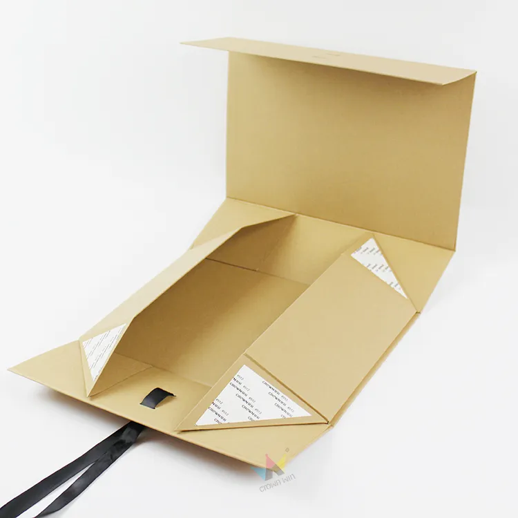 Flat unfolded blank kraft one piece folding box with attached black satin ribbon, single die-cut paper blank template