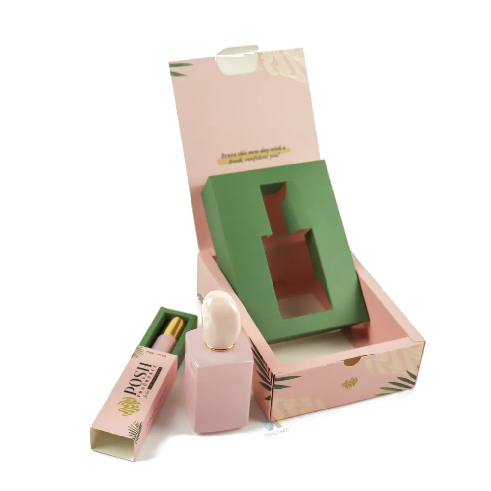 Pink tropical leaf flip top printed perfume box set with square parfum bottle and mini roller tube, custom logo luxury perfume gift box