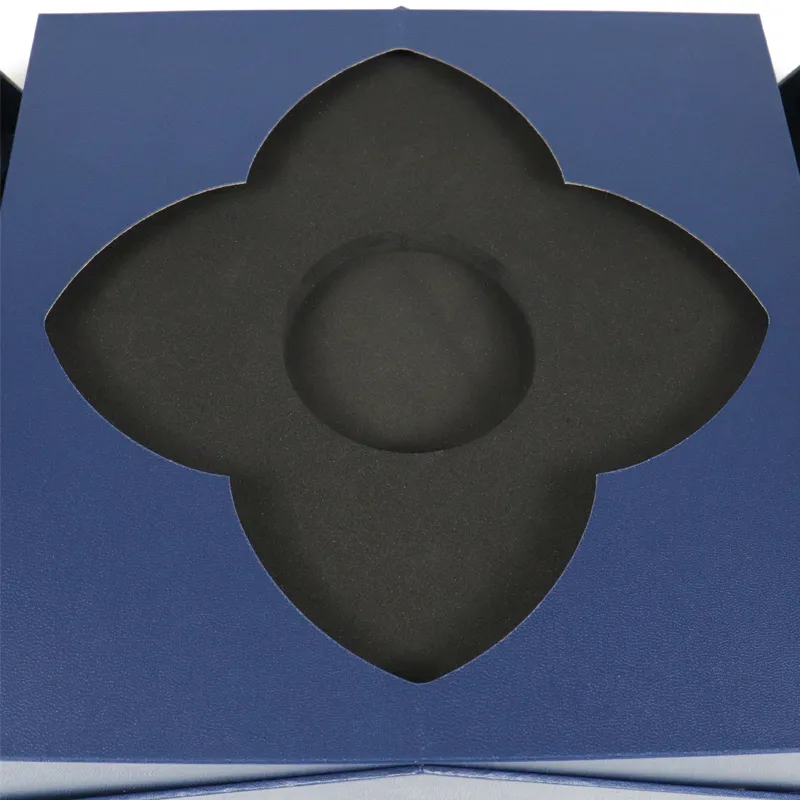 Flower shape die cut black shockproof EVA foam insert detail inside luxury rigid double door box