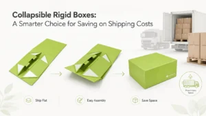 Infographic showing foldable rigid boxes flat shipment & easy assembly, space-saving packaging to cut freight cost from Crown Win Box Manufacturer