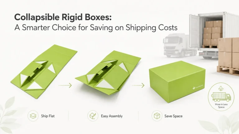 Infographic showing foldable rigid boxes flat shipment & easy assembly, space-saving packaging to cut freight cost from Crown Win Box Manufacturer