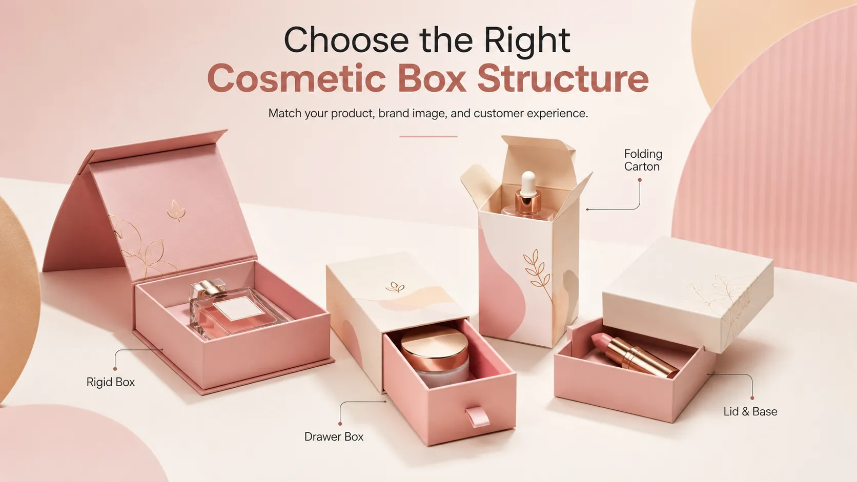 Four popular cosmetic box structure types explained: rigid flip box, ribbon drawer box, folding carton, lid and base lipstick box custom made by Crown Win packaging factory