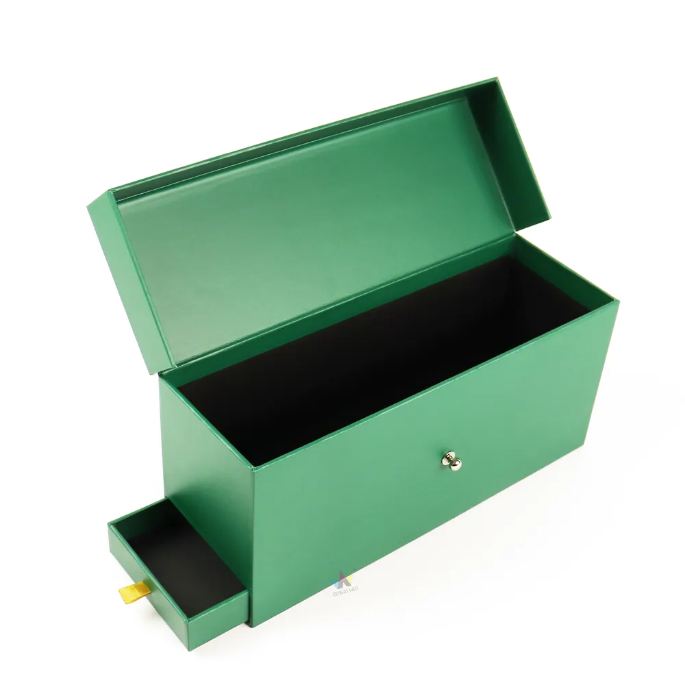 Wide angle open magnetic closure boxes with two extended side drawers, premium wine gift rigid box