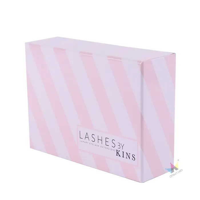 Front full view glossy printed rigid slide drawer box, pink stripe pattern and custom lashes logo for salon packaging drawer box