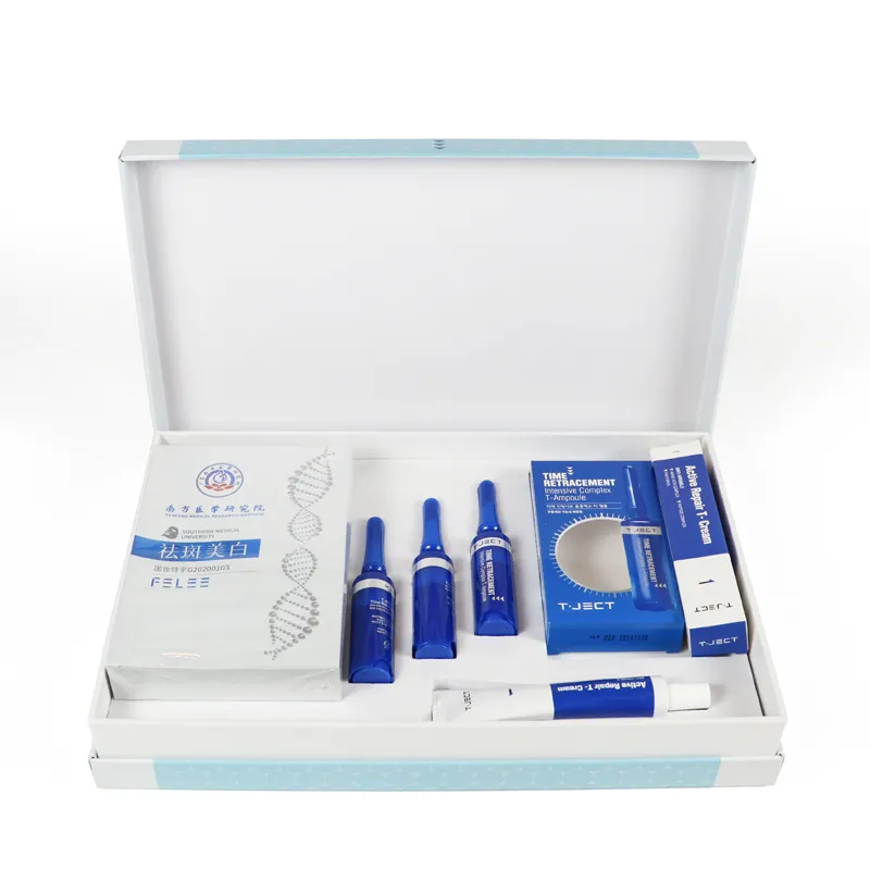 Front standing sealed view of magnetic rigid skincare kit packaging box with delicate light blue decorative panel detail