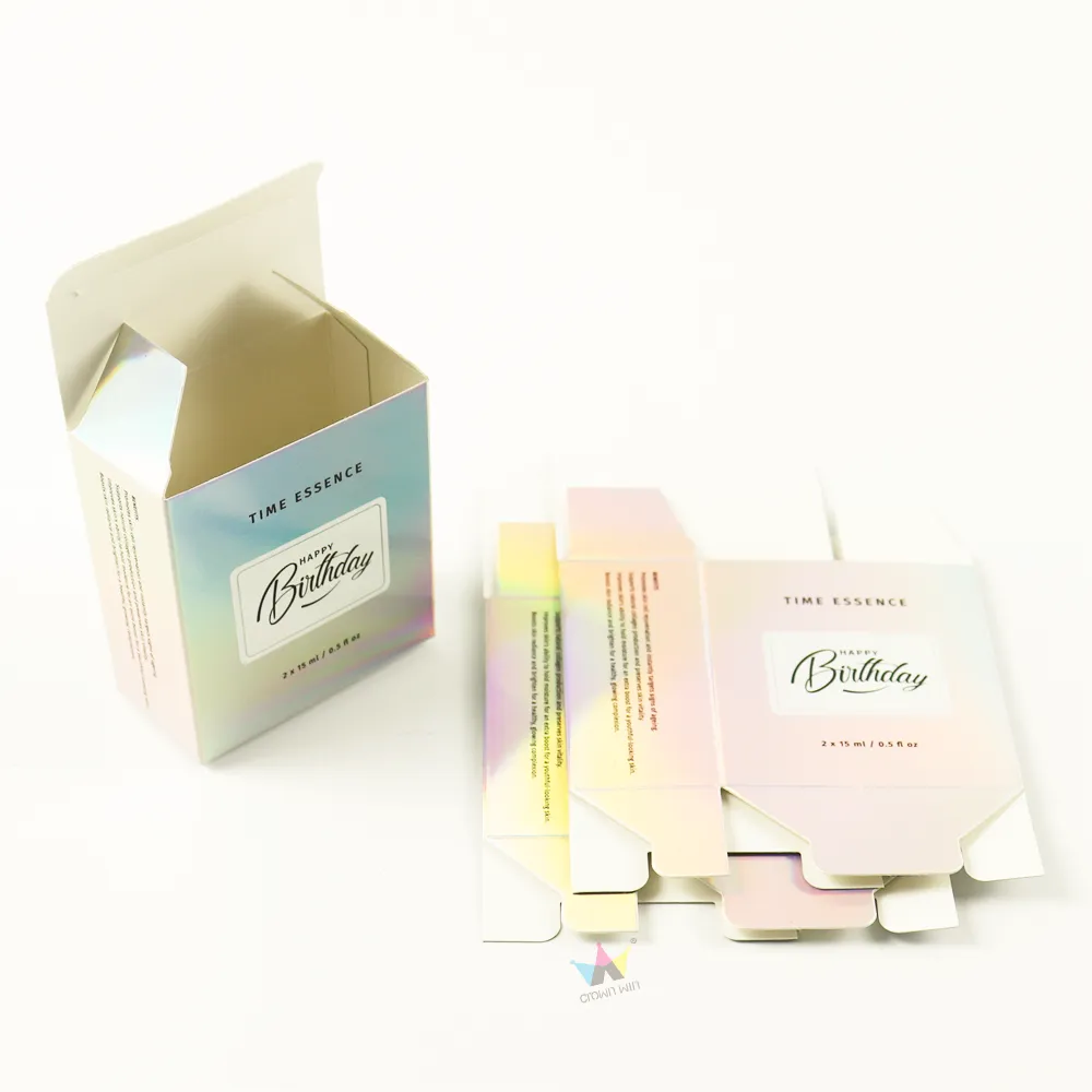 Closed holographic tuck folding carton printed with custom brand text for home essence birthday gift set