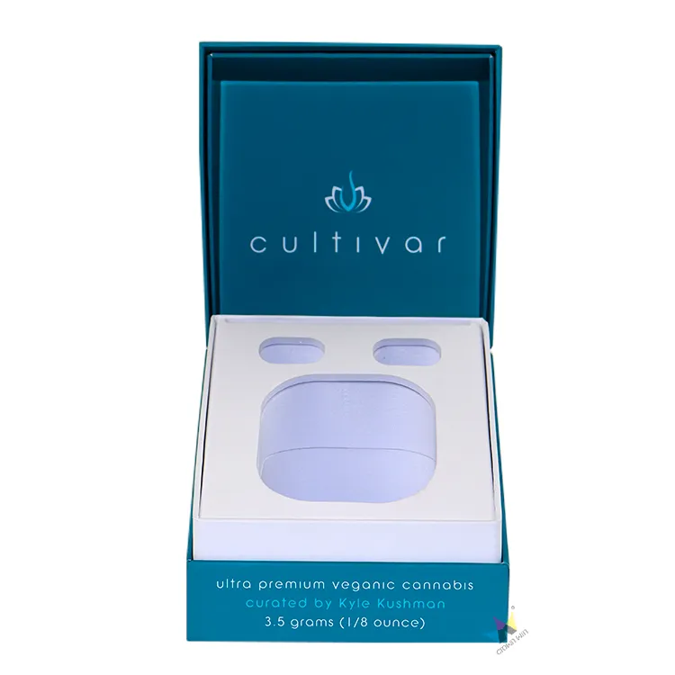 Closed matte teal flip lid candle boxes front view, full custom printed brand logo and compliance warning triangle mark on rigid candle boxes