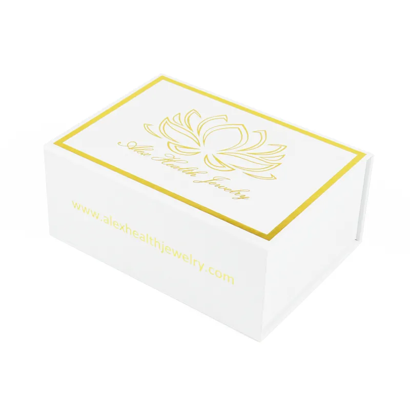 Front display of minimalist white magnetic box with full custom gold foil branding for jewelry packaging