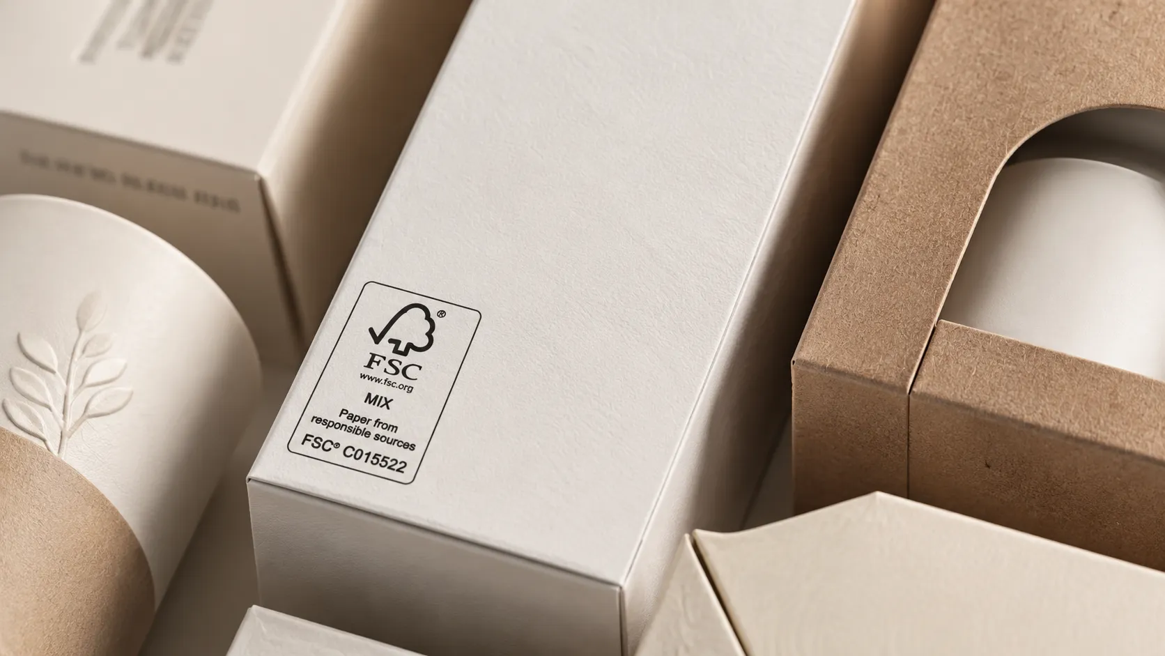 Close-up of FSC Mix certified recycled paper cosmetic box for clean beauty brand packaging