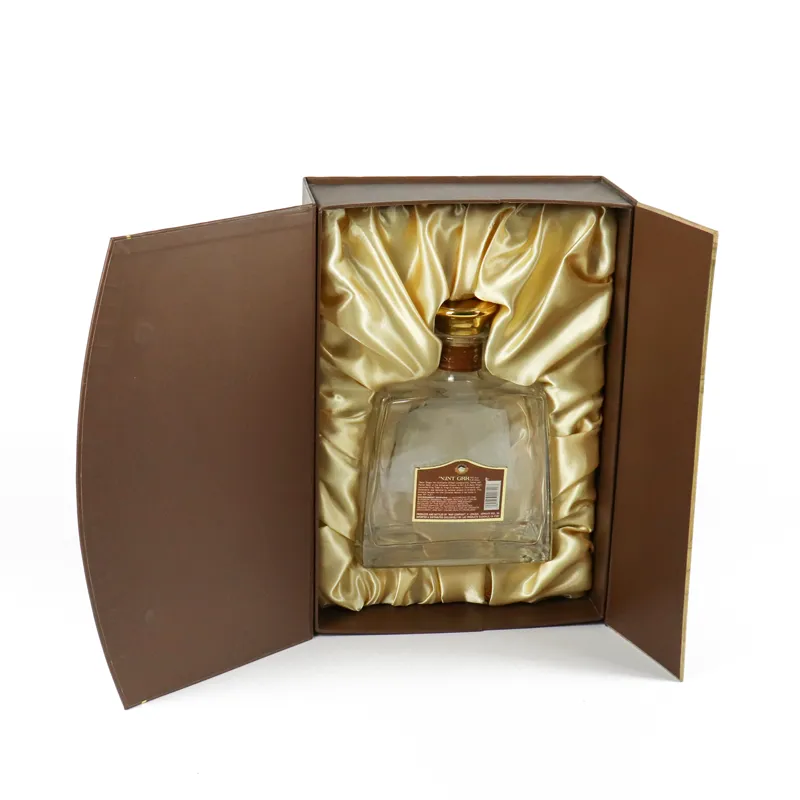 Slanted open double door rigid box featuring decorative wood-effect carved panel for premium liquor packaging
