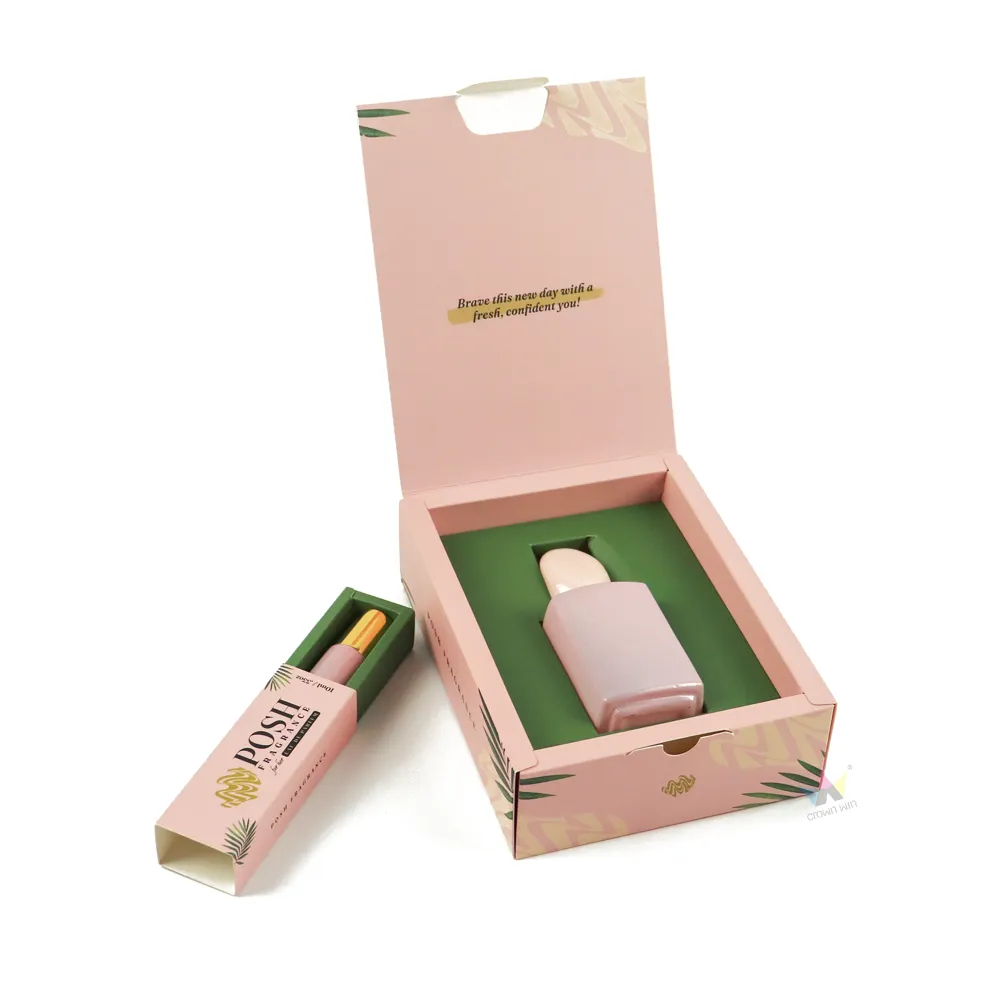 Full display shot custom printed flip perfume box holding both square parfum bottle and small travel roller tube inside paper insert tray