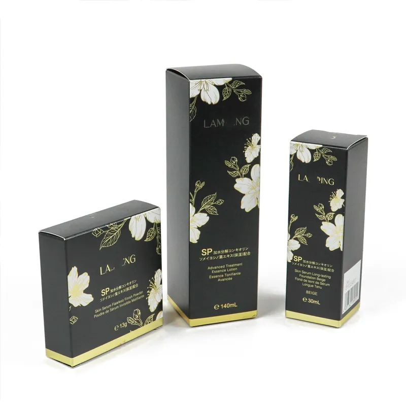 Complete set of multi-size matte black gold floral foil tuck folding cartons for serum, powder and foundation cosmetic packaging