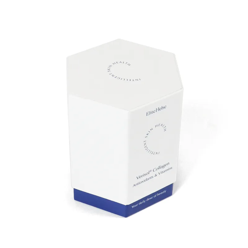 Three-quarter angled full combined shot of closed white & cobalt blue hexagon lid and base gift box for skincare supplements