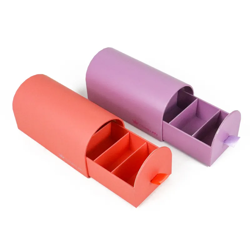 Fully pulled out coral slide drawer box close-up, clear view of internal triple grid dividers inside arch top drawer box