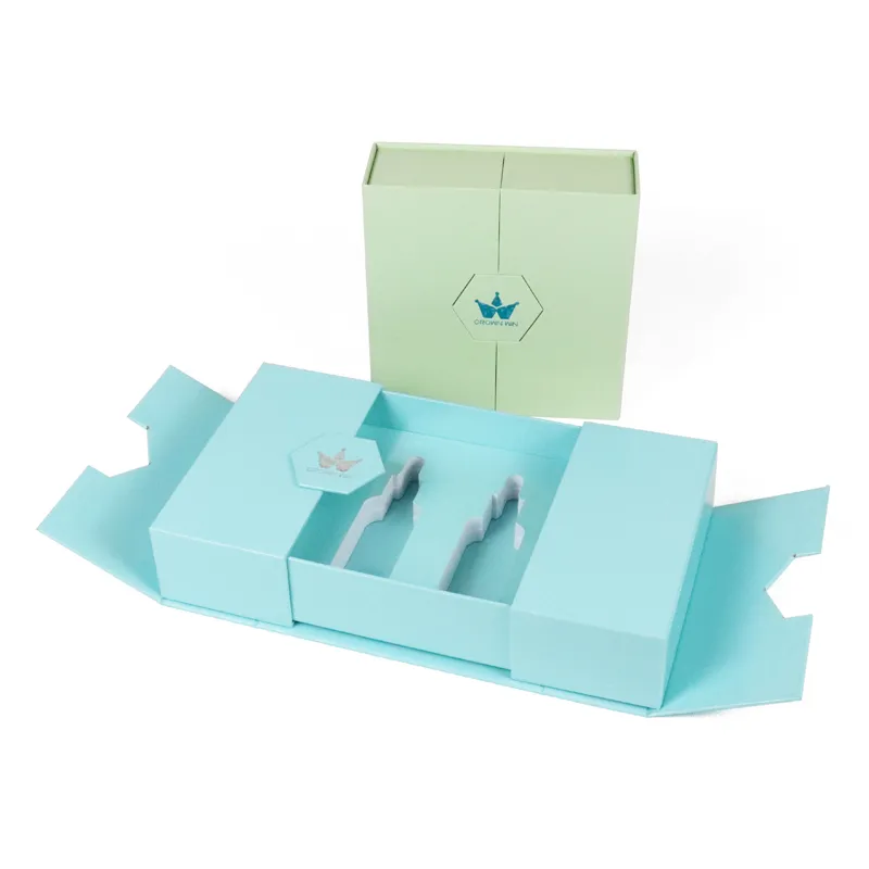 Wide open sky blue double door box with tailor molded contour foam tray for two serum bottles, foldable flat gift box