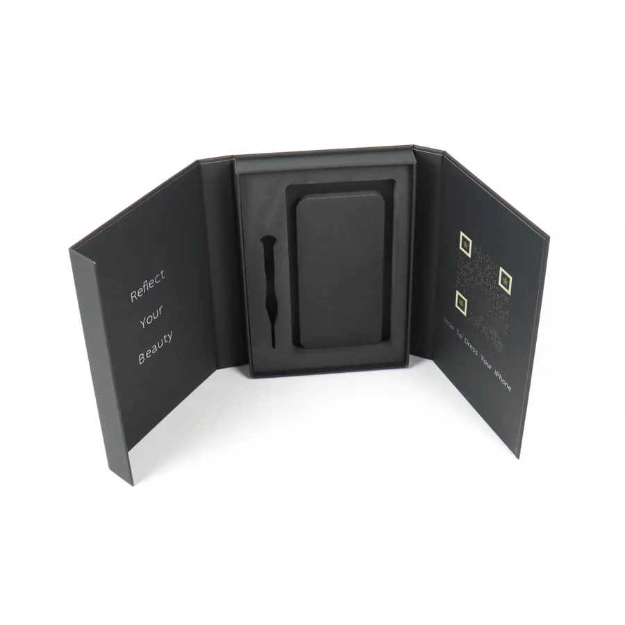 Fully unfolded double door rigid box, symmetrical dual swing lids showing foam tray for phone case and installation tools