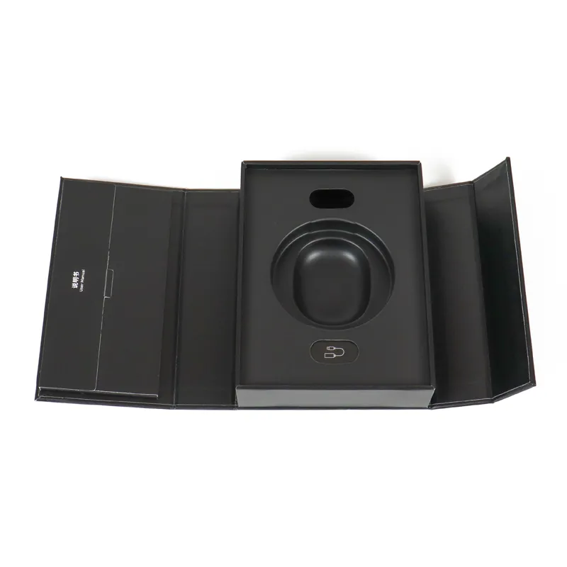 Fully unfolded double door rigid box, symmetrical swing lids showing custom molded insert for wireless earbuds