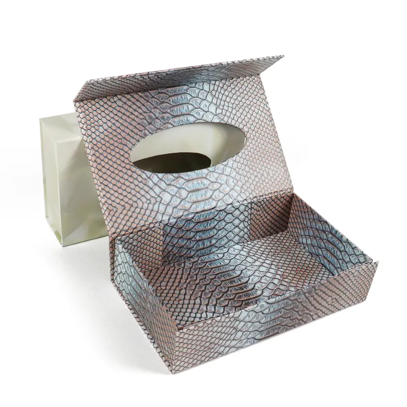 Fully opened flip lid crocodile print window box packaging, empty collapsible tissue holder window box packaging showing full interior print
