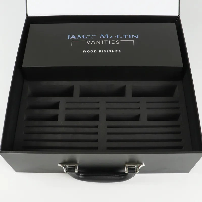 Fully opened flip lid magnetic closure boxes showcasing multi-size segmented CNC EVA foam cavities for wood, stone and metal vanity swatch samples