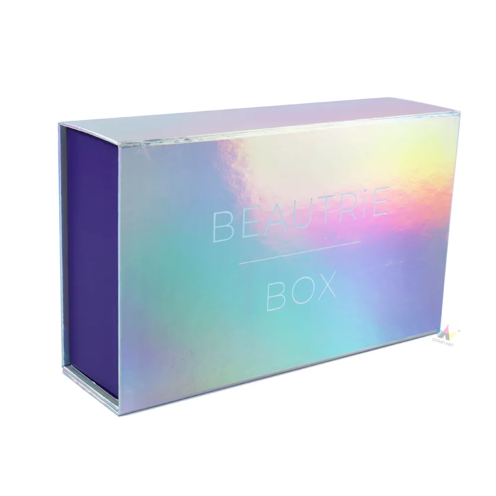 Fully opened magnetic one-piece folding box showing empty solid matte purple interior lining and white inner lid
