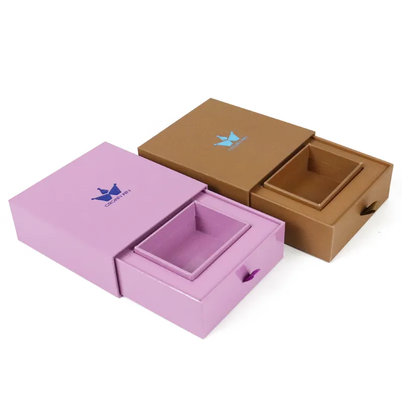Pink and kraft matte rigid slide out drawer boxes with custom foil crown logo, ribbon pull tab jewelry gift packaging drawer boxes