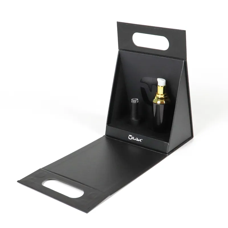 Fully unfolded flat matte black triangle folding box opened upright, displaying gold pump serum bottle inside custom die-cut cavity, cosmetic triangle folding gift box