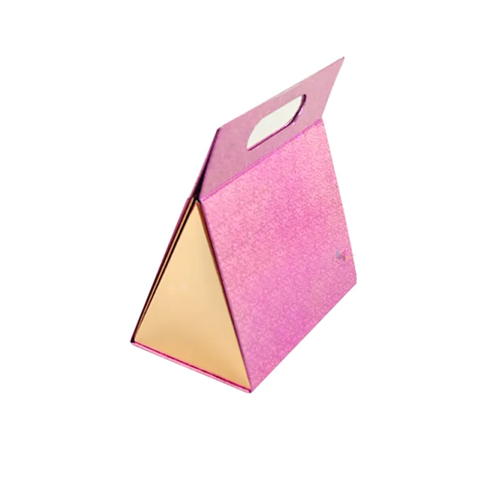 Pink glitter Triangle Folding Box with handle, triangular wedding favor packaging box with gold interior