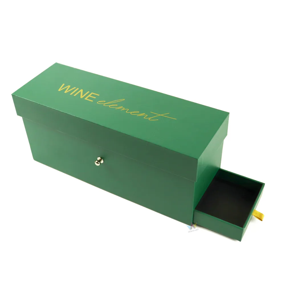 Closed green rigid magnetic closure boxes, wine gift packaging box with side pull drawer and yellow fabric pull tab
