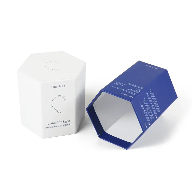 Half assembled two-tone hexagon rigid lid and base box standing upright, custom brand text printed on front panel