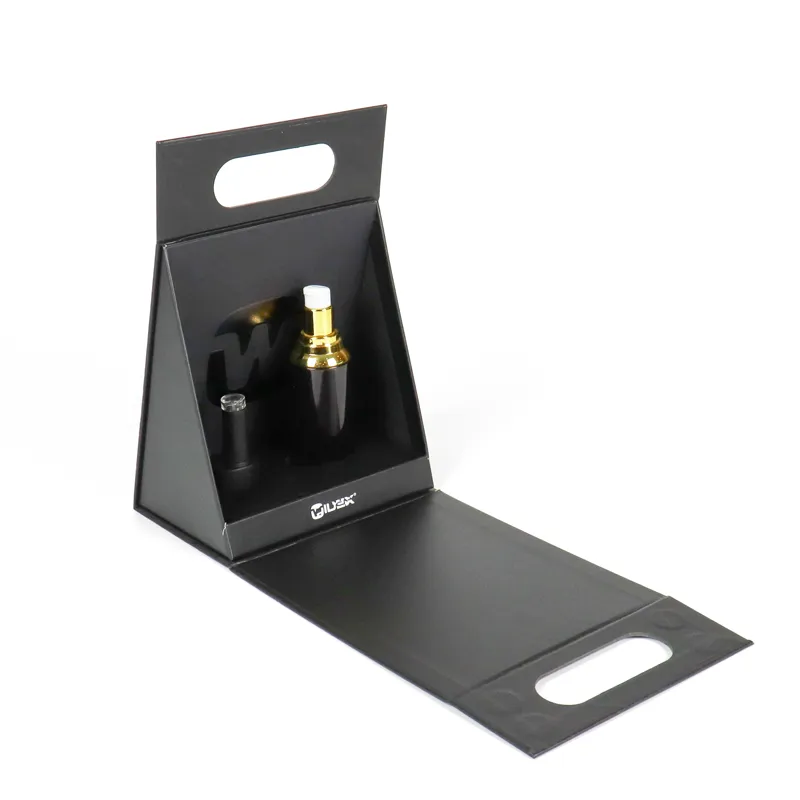 Half-folded rigid triangle folding box with dual oval cutout carry handles, showing bespoke inner cavity for skincare serum bottles, portable triangle folding packaging box