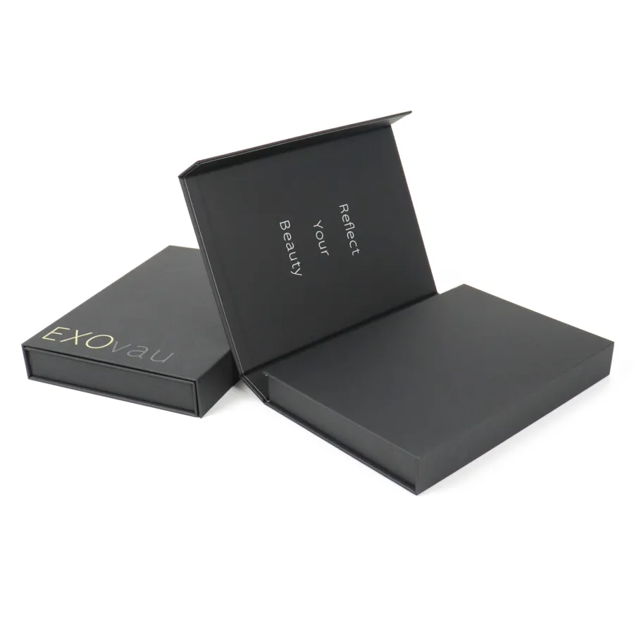 Opened matte black rigid double door box, luxury phone case gift packaging with custom routed black EVA foam insert