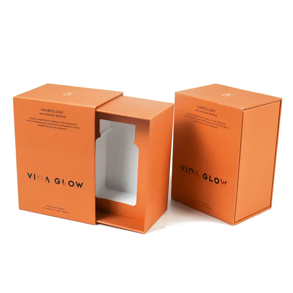 Half pulled open slide drawer perfume boxes displaying blank precision die-cut white paper bottle insert cavity inside
