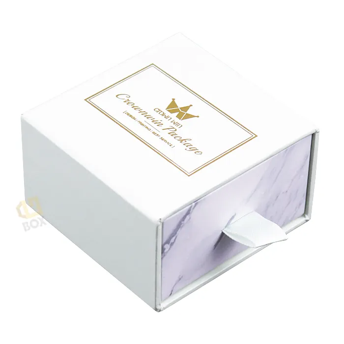 Half pulled open square drawer box with plush black velvet interior insert, fine ring storage custom printed drawer box for jewelry brands
