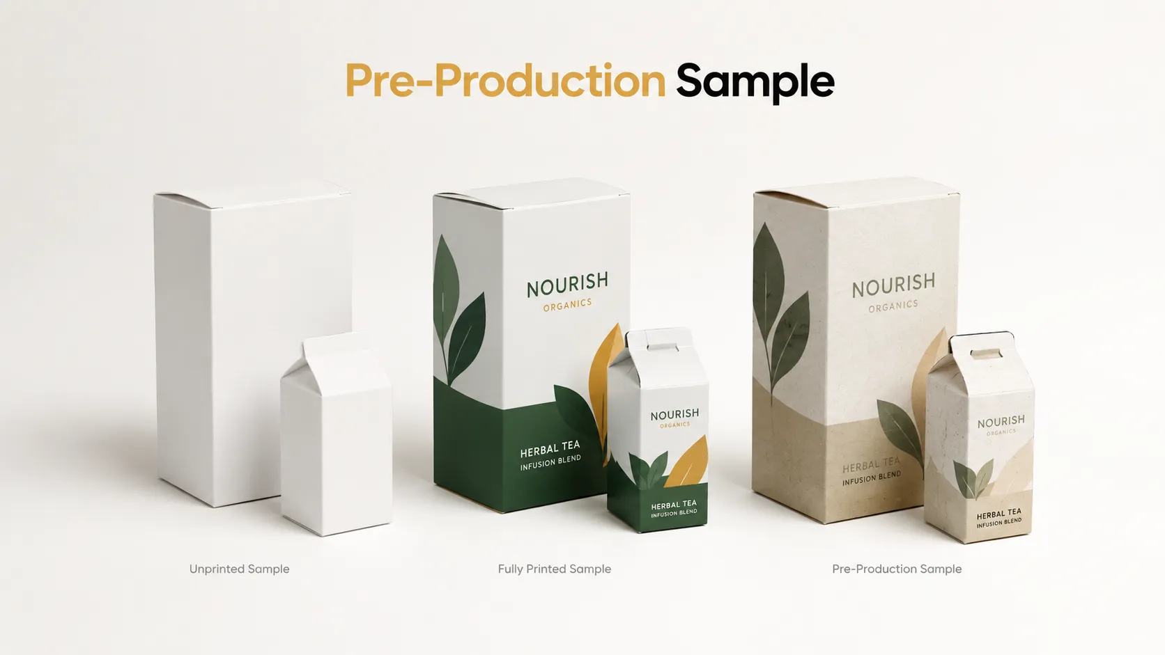 Side-by-side comparison of unprinted blank sample, fully printed draft and final pre-production sample for organic herbal tea custom packaging boxes made by Crown Win Box Manufacturer