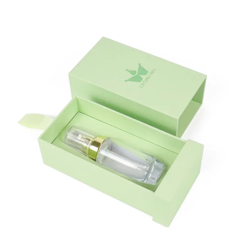 Horizontal flat top view open slide drawer cosmetic boxes, matching light green ribbon pull tab and two-piece rigid structure