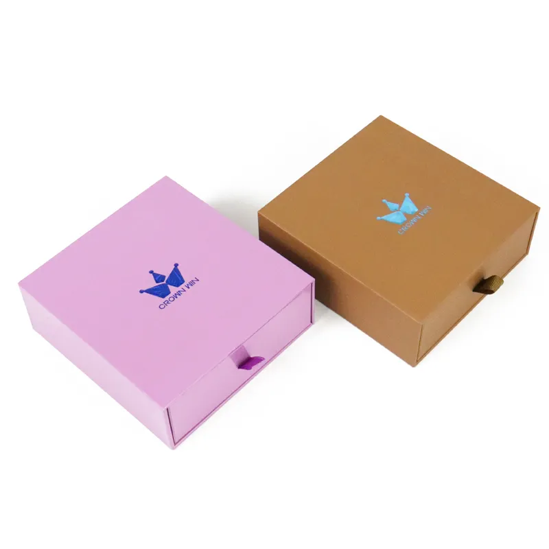 Closed top view matte slide out drawer boxes with foil crown logo printing, sturdy rigid gift drawer boxes
