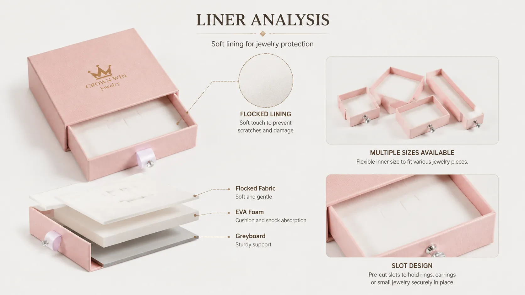 Multi-Size Pastel Pink Linen Texture Rigid Drawer Box – Crystal Pull Knob Velvet Lined Slide Drawer Box-lining