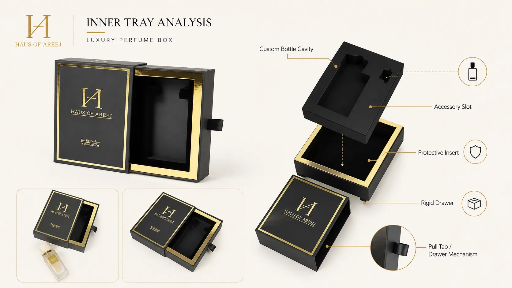 Matte Black Gold Foil Luxury Slide Drawer Rigid Perfume Boxes – Gold Lined Drawer Custom CNC Molded Black EVA Foam-lining