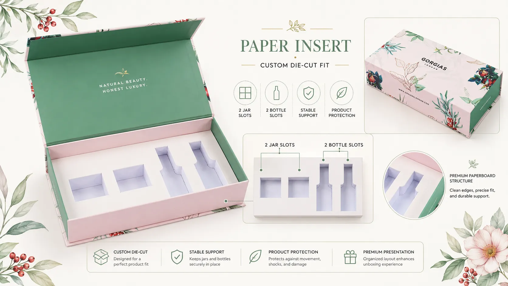 Pink Floral Magnetic Flip Lid Rigid Skincare Packaging Gift Box – Custom 4-Slot-lining