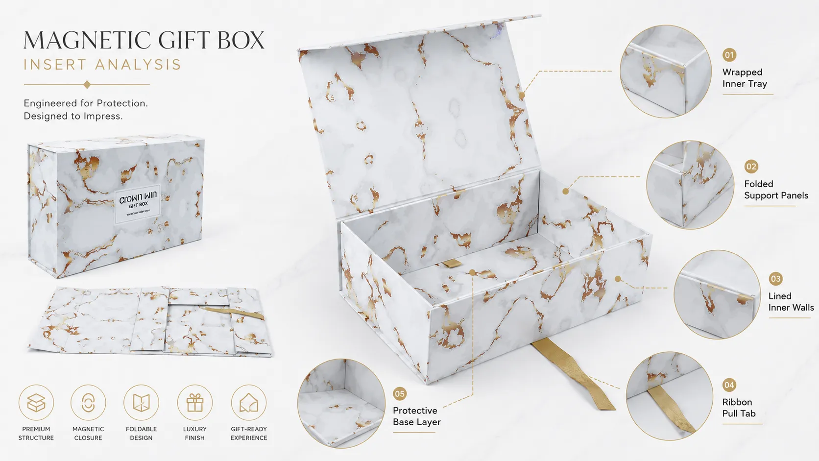 White Gold Marble Printed Magnetic One-Piece Folding Box – Flat Collapsible Shipping-lining