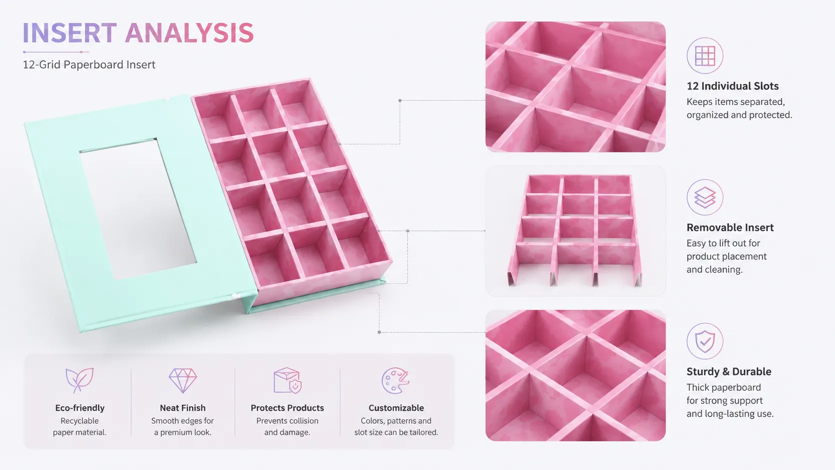 Book Shaped Magnetic Window Box Packaging – Clear PVC Display Window, Detachable 12-Grid Paper Divider, Pink Floral Lined Interior Custom Printed Rigid Gift Box-lining