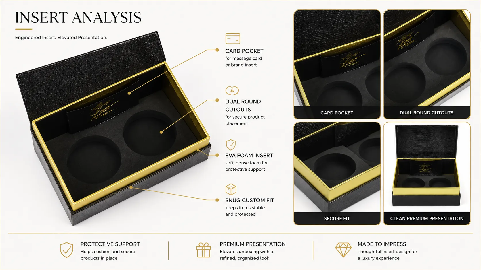 Black Embossed Lizard Grain Magnetic Closure Boxes – Hidden Strong Magnet Lid, Gold Foil Brand Logo, Gold Metallic Inner Trim & Custom Cut Foam Insert-lining
